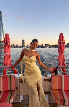 Laila Yellow Satin Scarf Formal Maxi Dress