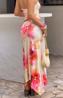 Alora Yellow and Pink Floral Print Hanky Hem Maxi Skirt