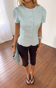 Amelina Blue Button Up Organza Top