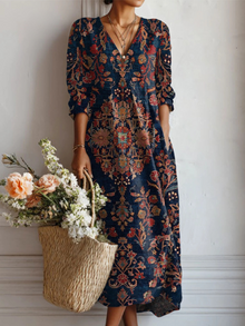 Esperanza | Vestido Midi Boho de Lino Estampado Mujer Escote V