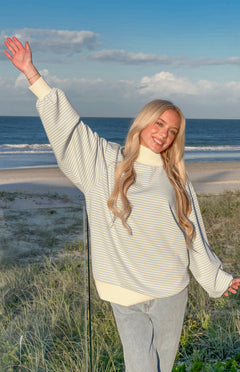 Flossy Mock Neck Blue Stripe Sweater
