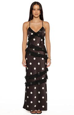 Inara Black Polka Dot Ruffle Maxi Dress