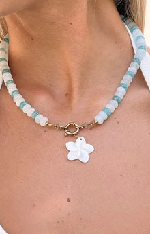 Roche Blue Beaded Flower Charm Necklace