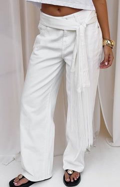 Roisin White Satin Fringe Scarf Belt