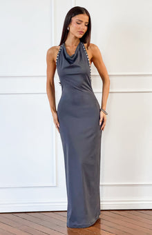 Tsuki Grey Stud Detail Cowl Neck Maxi Dress