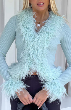 Violetta Mint Green Fur Trim Knit Cardigan