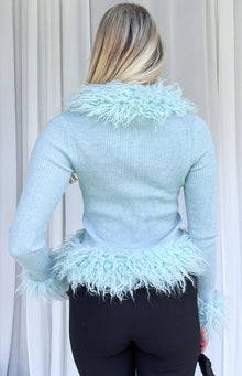 Violetta Mint Green Fur Trim Knit Cardigan