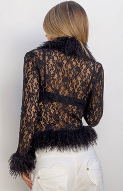 Violetta Black Lace Fur Trim Top