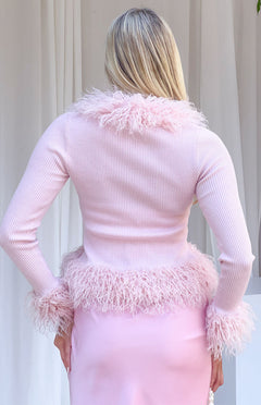 Violetta Pink Fur Trim Knit Cardigan