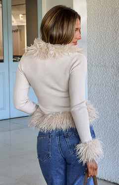 Violetta Beige Fur Trim Knit Cardigan