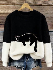 Aitana | Jersey de Punto Suave Estampado Gato Mujer Cuello Redondo