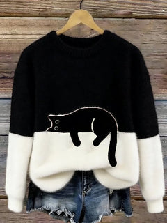 Aitana | Jersey de Punto Suave Estampado Gato Mujer Cuello Redondo