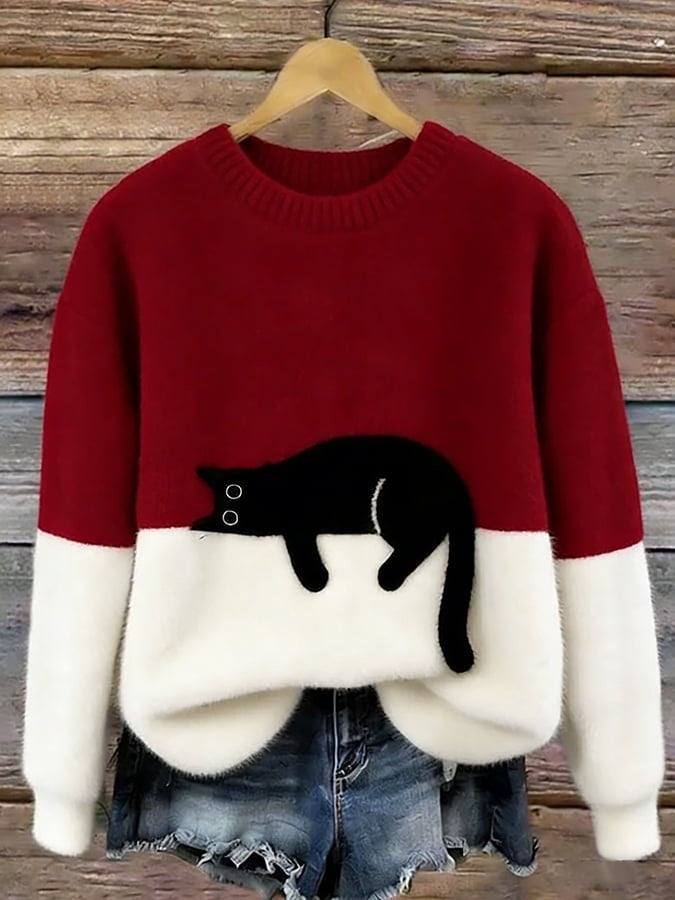 Aitana | Jersey de Punto Suave Estampado Gato Mujer Cuello Redondo