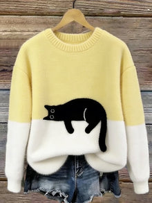 Aitana | Jersey de Punto Suave Estampado Gato Mujer Cuello Redondo