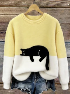 Aitana | Jersey de Punto Suave Estampado Gato Mujer Cuello Redondo