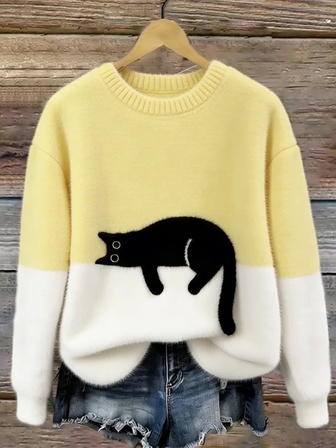 Aitana | Jersey de Punto Suave Estampado Gato Mujer Cuello Redondo