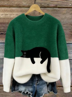 Aitana | Jersey de Punto Suave Estampado Gato Mujer Cuello Redondo
