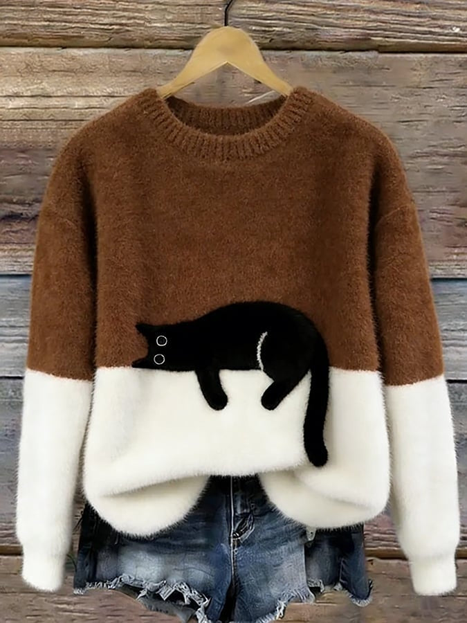 Aitana | Jersey de Punto Suave Estampado Gato Mujer Cuello Redondo