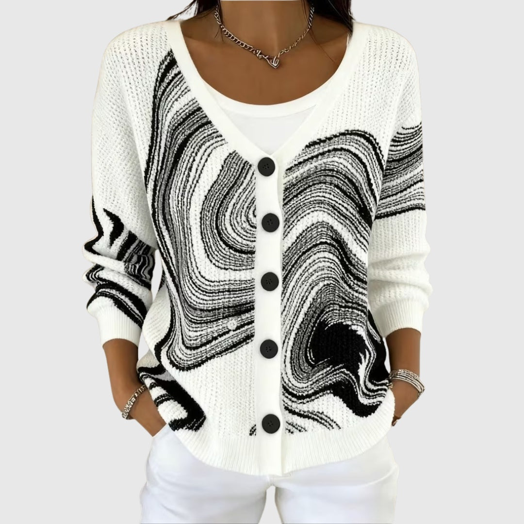 Alma | Women's Striped V-Neck Button Knit Cardigan