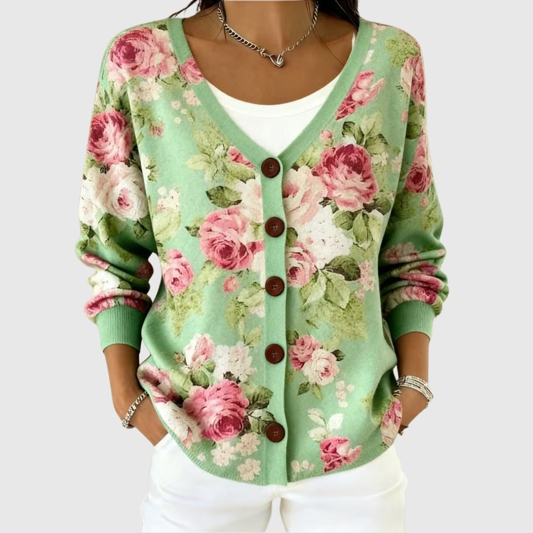 Alma | Women's Striped V-Neck Button Knit Cardigan