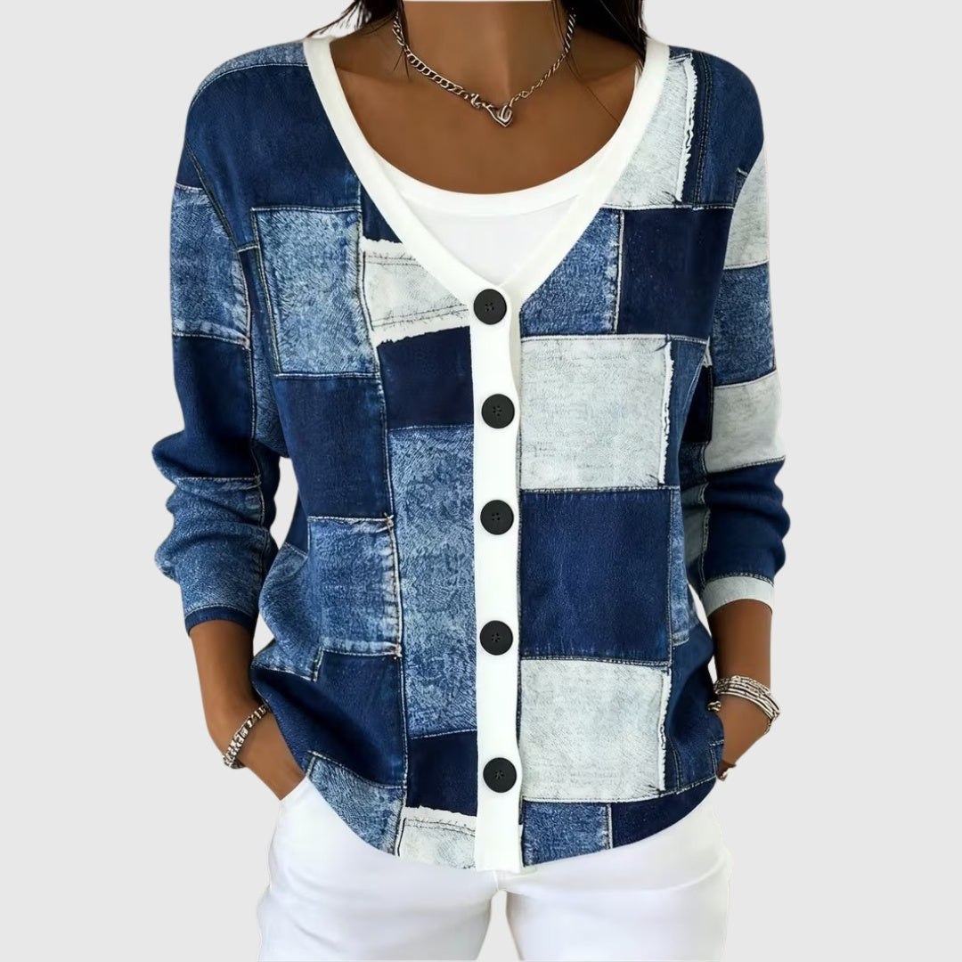 Alma | Women's Striped V-Neck Button Knit Cardigan