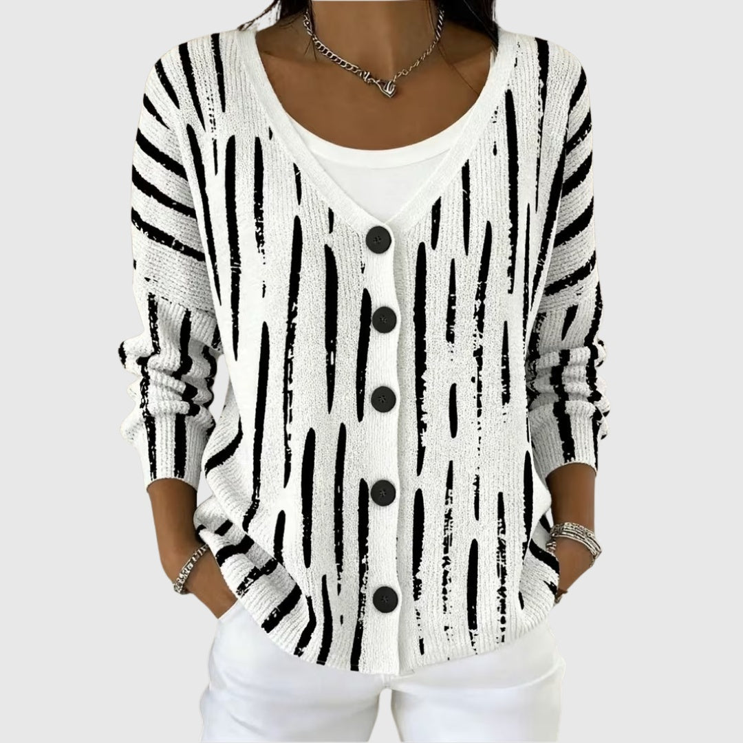 Alma | Women's Striped V-Neck Button Knit Cardigan