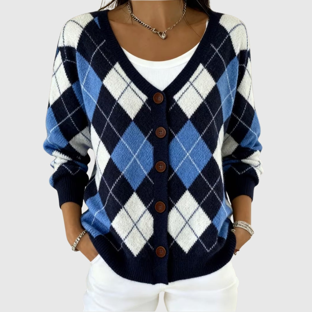 Alma | Women's Striped V-Neck Button Knit Cardigan