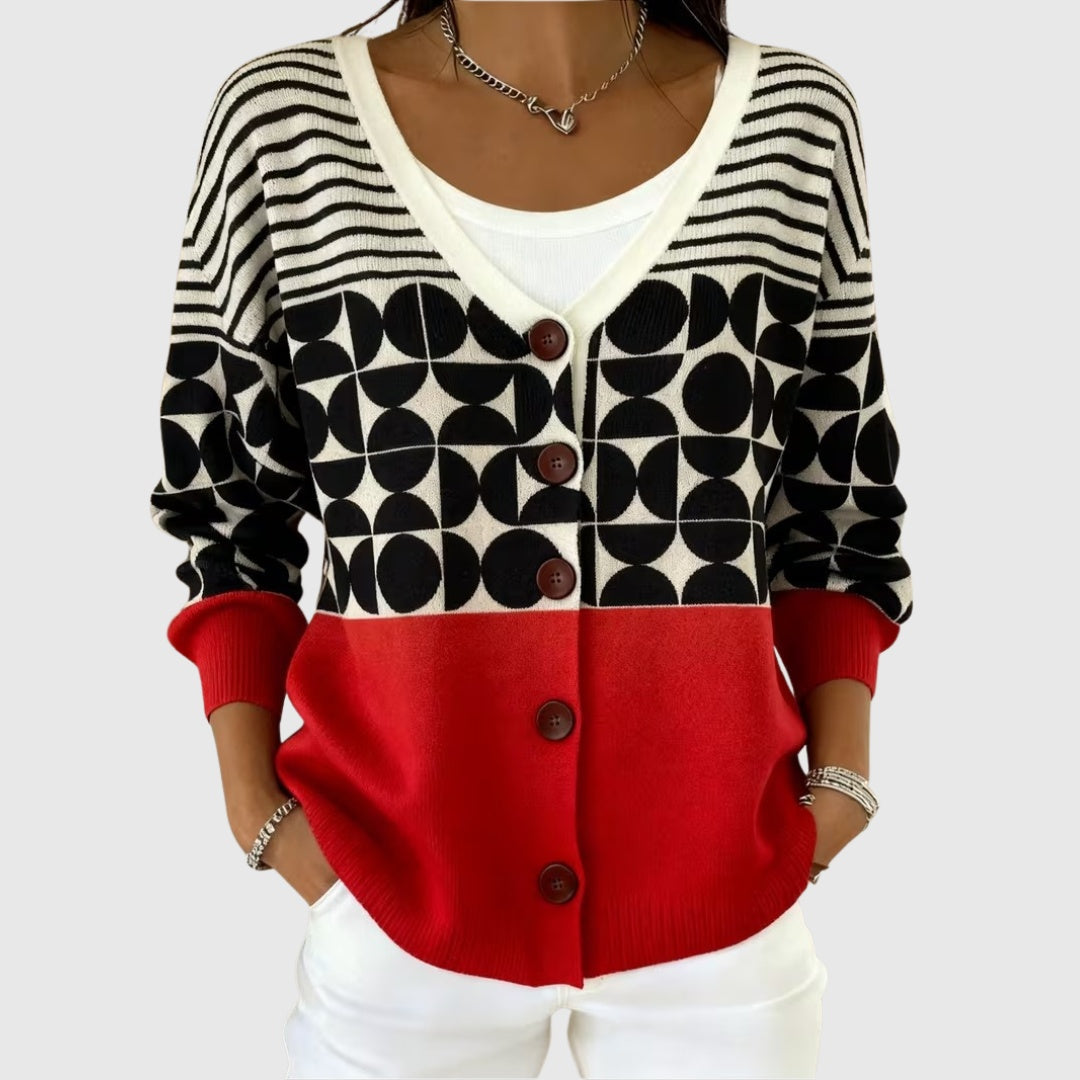 Alma | Women's Striped V-Neck Button Knit Cardigan