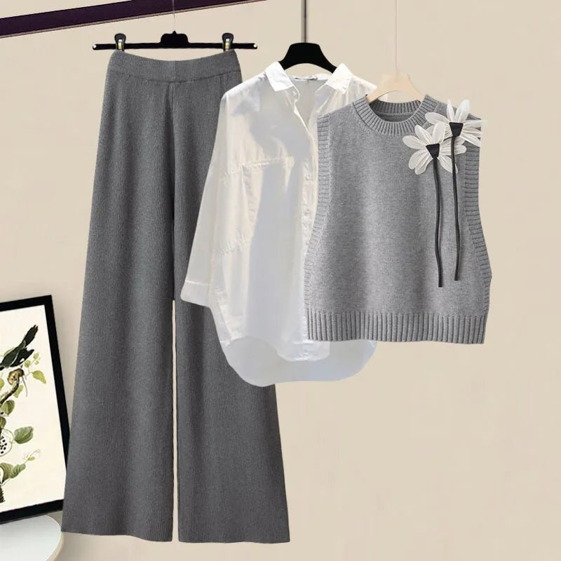 Alma | Conjunto de Punto Mujer 3 Piezas Chaleco Floral Pantalón Ancho