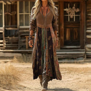 Alma | Vestido Midi Manga Larga Boho Mujer Estampado Patchwork Escote V