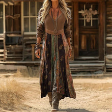 Alma | Vestido Midi Manga Larga Boho Mujer Estampado Patchwork Escote V