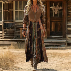 Alma | Vestido Midi Manga Larga Boho Mujer Estampado Patchwork Escote V