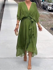 Amaia | Vestido Midi Drapeado Asimétrico de Gasa Mujer Escote V Cinturón