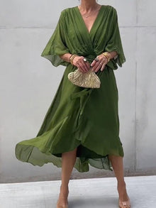 Amaia | Vestido Midi Drapeado Asimétrico de Gasa Mujer Escote V Cinturón