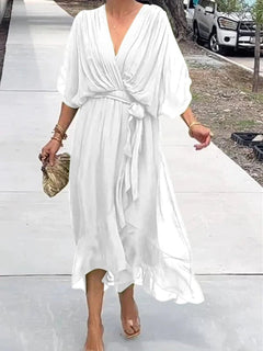 Amaia | Vestido Midi Drapeado Asimétrico de Gasa Mujer Escote V Cinturón