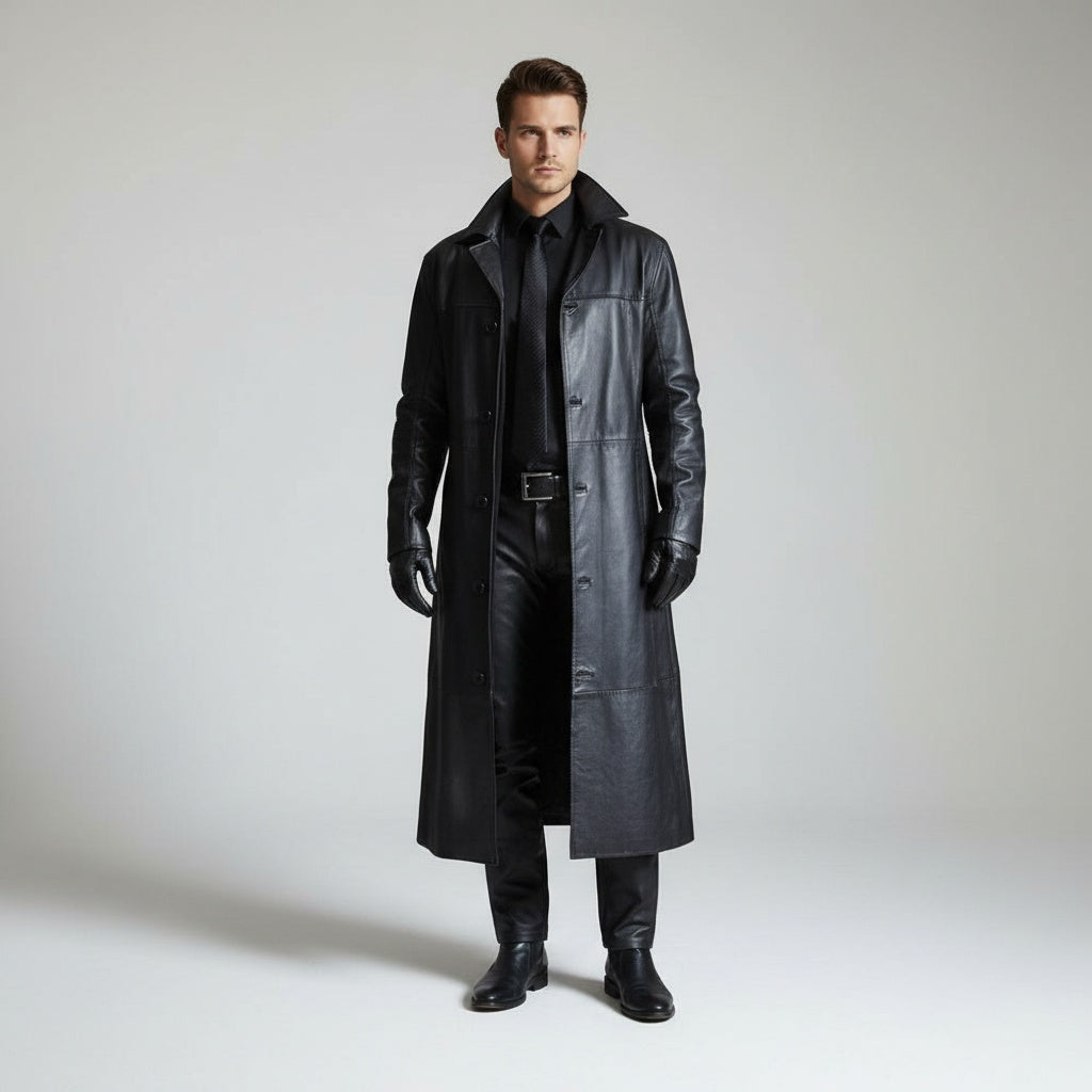 Asier | Chaqueta de Cuero Larga Hombre Cuello Solapa