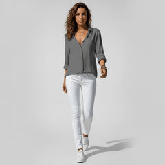 Beatriz | Camisa Blanca de Manga Larga Mujer Botones Cuello Solapa