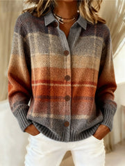 Berta | Women's Plaid Knit Button Cardigan with Lapel Collar