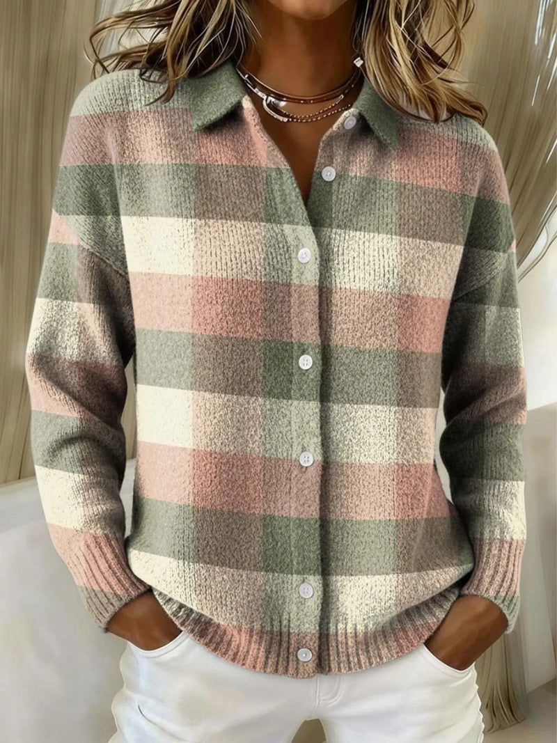 Berta | Women's Plaid Knit Button Cardigan with Lapel Collar