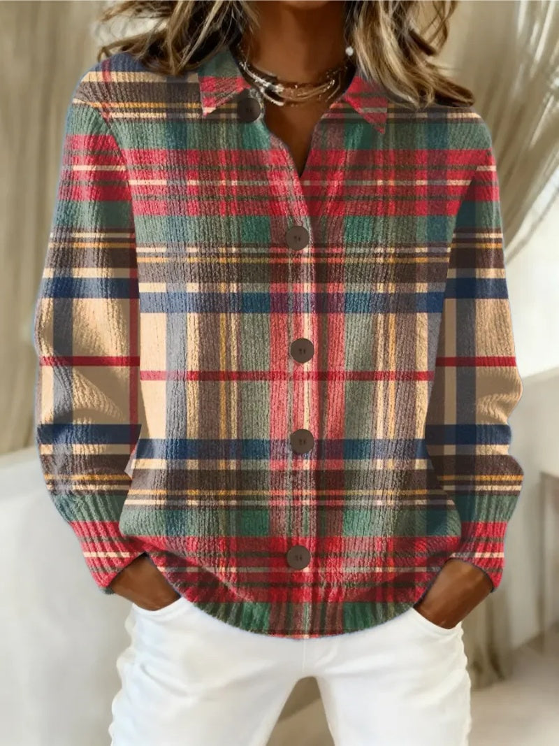 Berta | Women's Plaid Knit Button Cardigan with Lapel Collar