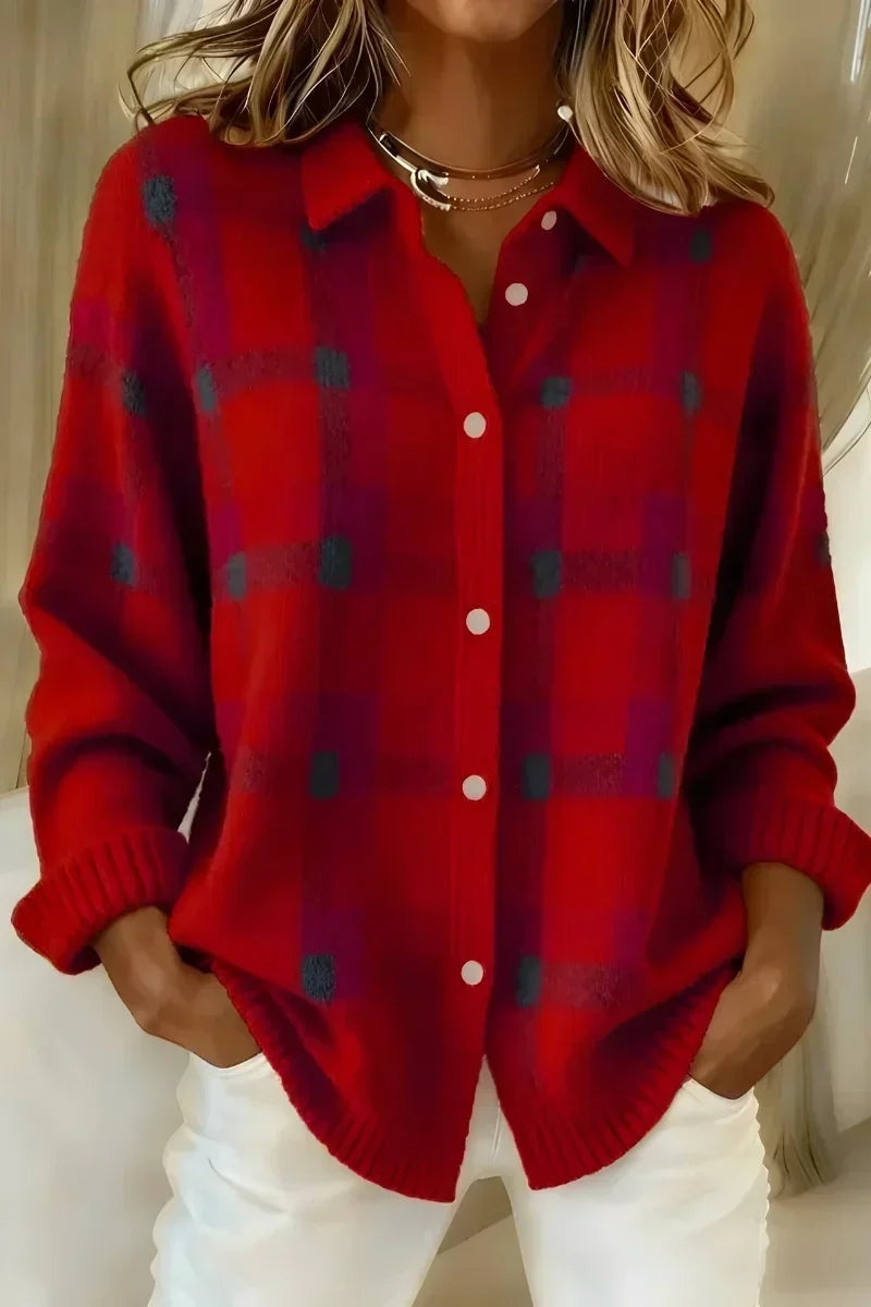 Berta | Women's Plaid Knit Button Cardigan with Lapel Collar
