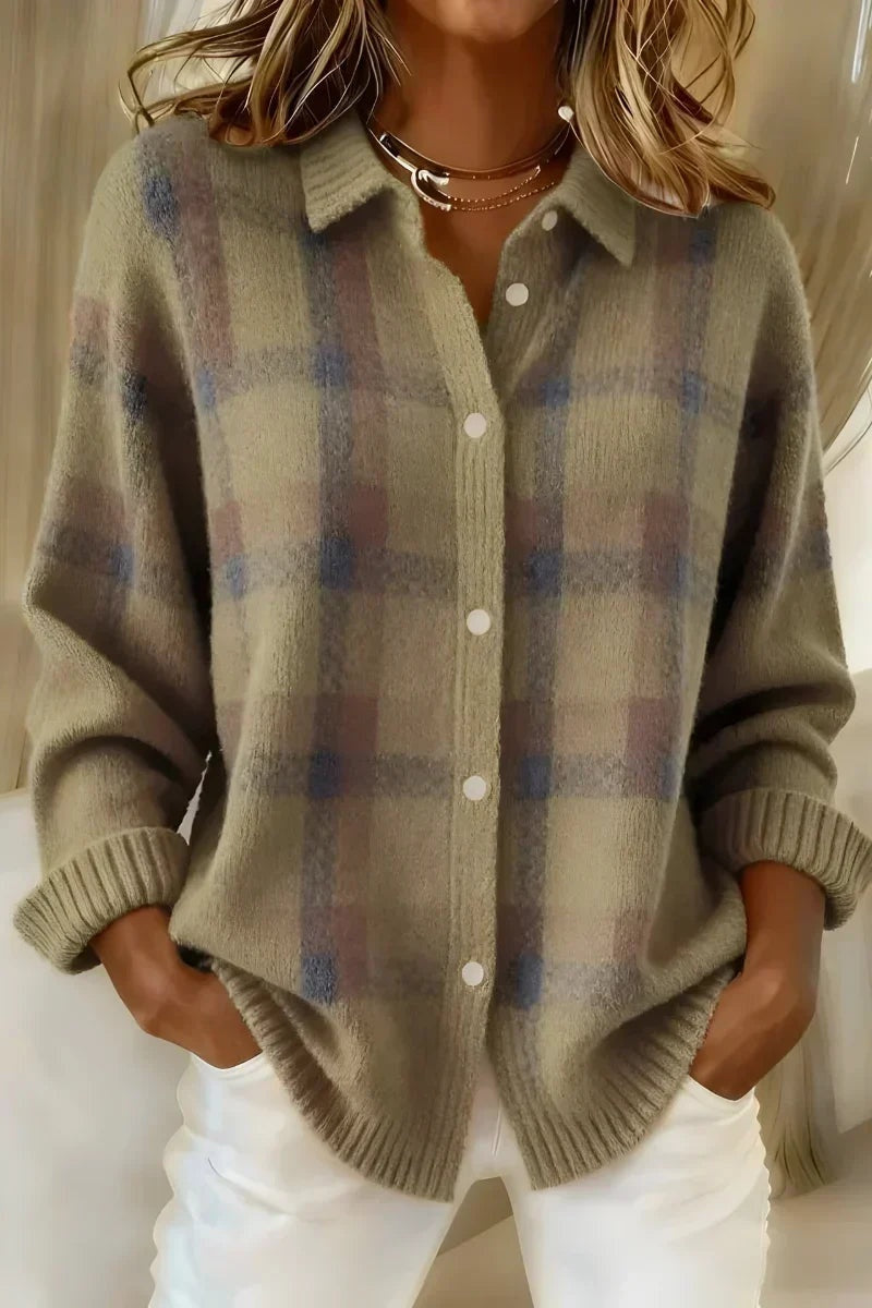 Berta | Women's Plaid Knit Button Cardigan with Lapel Collar