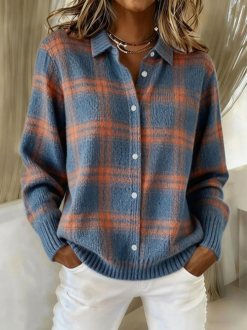 Berta | Women's Plaid Knit Button Cardigan with Lapel Collar