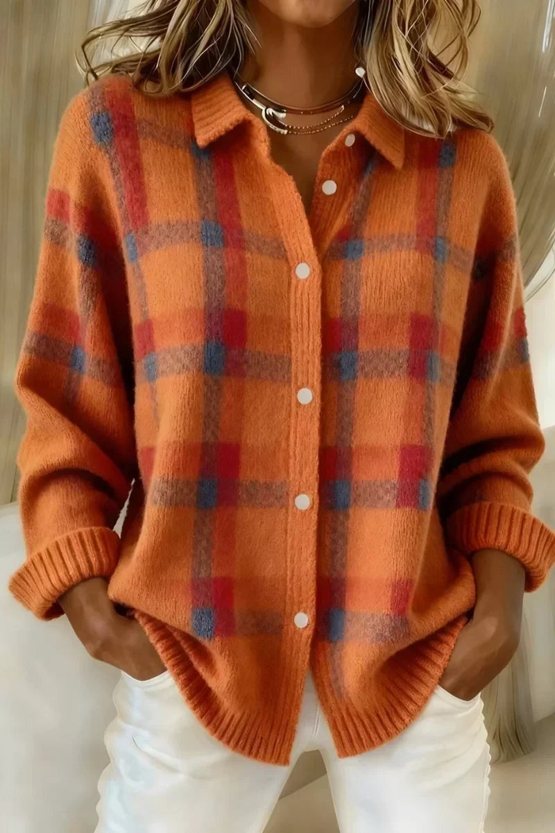 Berta | Women's Plaid Knit Button Cardigan with Lapel Collar
