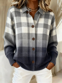 Berta | Women's Plaid Knit Button Cardigan with Lapel Collar
