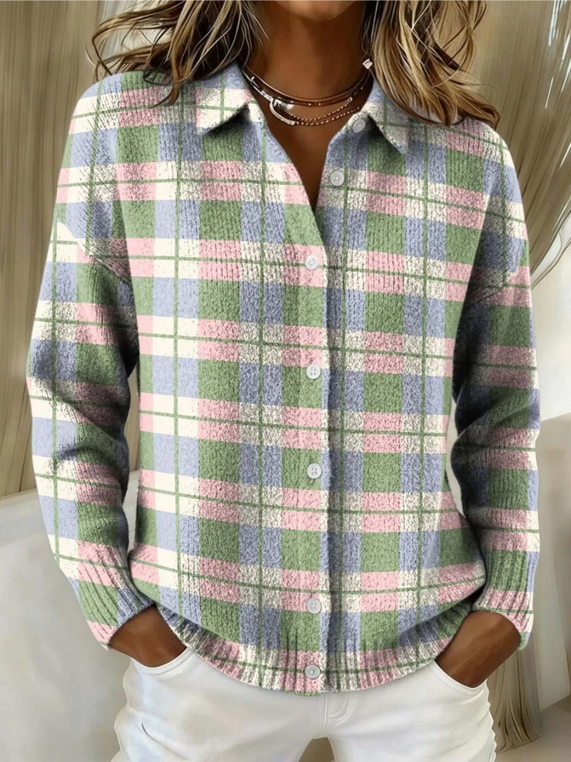 Berta | Women's Plaid Knit Button Cardigan with Lapel Collar