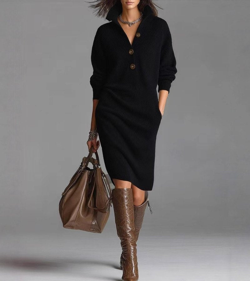 Berta | Vestido Midi Manga Larga de Punto Mujer Cuello Polo Botones