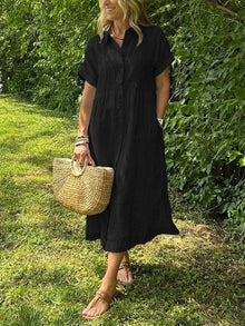 Carla | Vestido Midi Camisero de Rayas Mujer Manga Corta