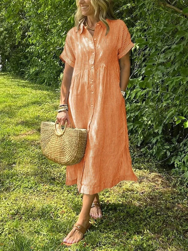 Carla | Vestido Midi Camisero de Rayas Mujer Manga Corta