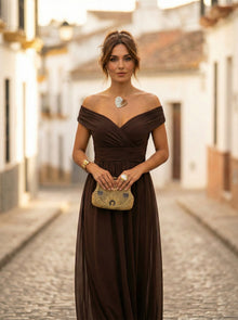 Carmela | Vestido Largo de Gala Hombros Descubiertos Mujer Plisado